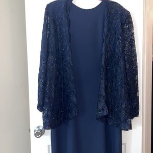 Navy Formal Evening 2 piece Dress and lace jacket size 14 NWT